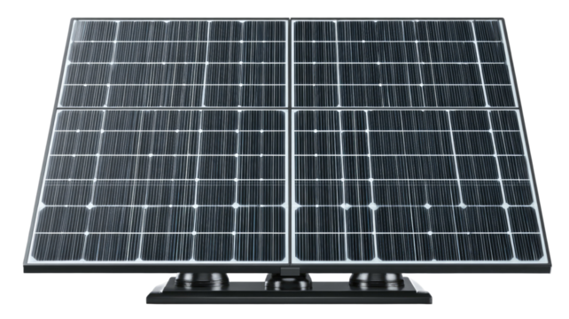 Solar panel close up showing detailed photovoltaic cells and modern renewable energy technology surface on white background
