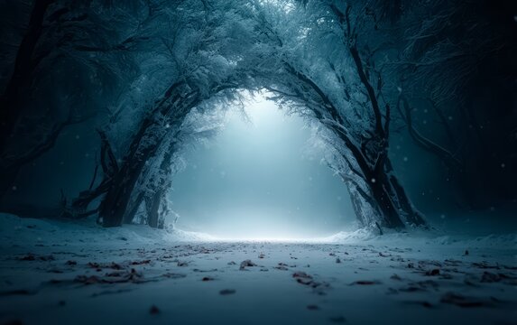 Snow covered forest with a path leading through it. The path is narrow and the trees are bare. The sky is dark