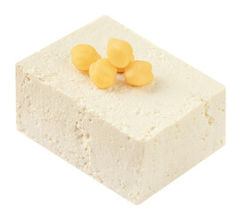 Diced tofu cheese isolated on white background. Tofu cheese with soy beans close up