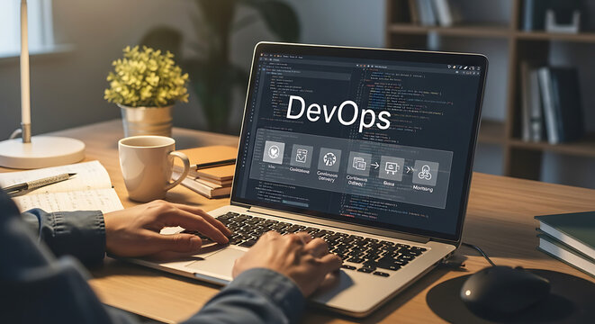 DevOps concept with software development and IT operations integration, automation, continuous deployment and cloud computing technology background
