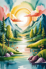 Beautiful landscape illustration of nature with mountains, pine trees, and a lake. Perfect for a wall art. 