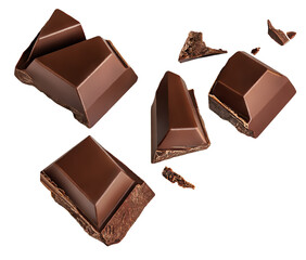  Levitating milk chocolate pieces isolated on white background. High Quality  Falling Broken Chocolate chunks splash. Chocolate explosion.