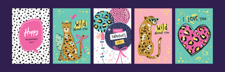 Set of birthday greeting cards with leopards, cake and leopard's pattern texture.

