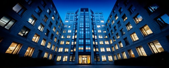 Large building with many windows and a large glass door. The building is lit up at night