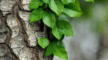 Close-up exploration of vibrant green leaves on a textured tree trunk in natural setting during daylight - Powered by Adobe
