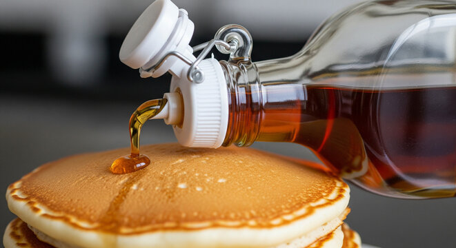 Golden Maple Syrup Drizzled Over Stack of Fluffy Pancakes
Close-up shot capturing a rich, golden stream of authentic maple syrup pouring from a glass bottle onto a high stack of freshly made, fluffy  - Powered by Adobe