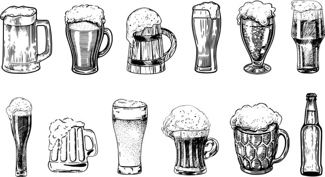 Vintage hand-drawn beer glass vector set. Detailed sketch illustration of pints, mugs, and bottles for brewery, bar, and celebration design.