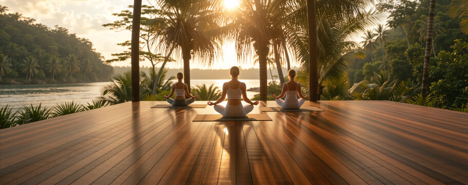 Group of three women practicing yoga at a tropical retreat during sunrise. People meditating in a lotus pose on a wooden deck overlooking a river. Wellness and mindfulness in nature concept