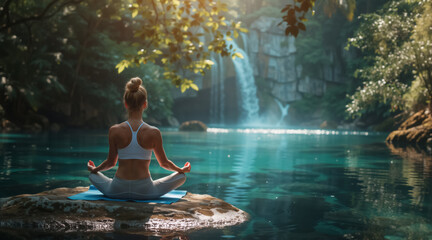 Woman meditating in a lotus yoga pose in front of a waterfall. Back view of a person practicing mindfulness in a tranquil nature setting. Wellness and healthy lifestyle concept
