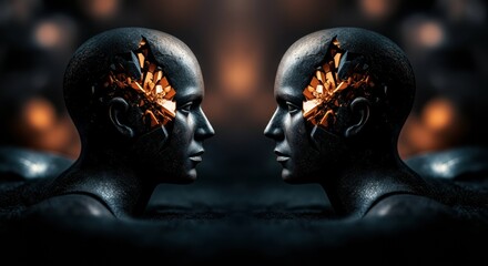 Futuristic human heads with exposed brain structures facing each other in a dark, high-tech environment