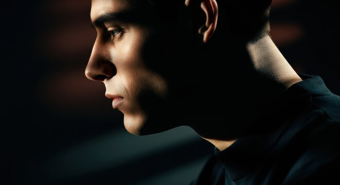 Profile of a young man with strong facial features and dramatic lighting