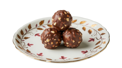 Three delicious chocolate easter eggs with crunchy nut pieces stacked on a decorative ceramic plate isolated on transparent background