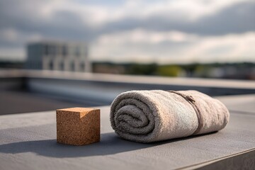 Yoga accessories standing on a rooftop at sunrise, showing a cork block and rolled towel on a mat, ready for a morning fitness workout and mindful relaxation in an urban outdoor setting