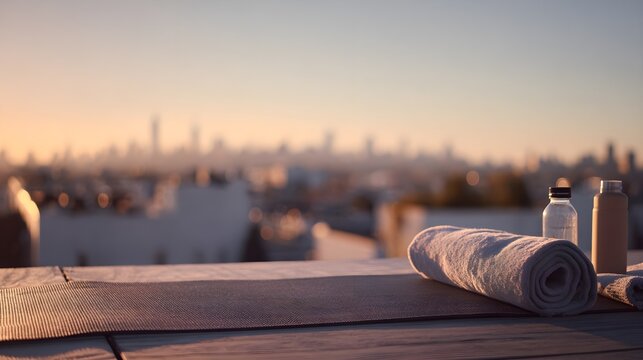 Yoga mat unrolling on a wooden surface with a rolled towel and water bottles, offering a serene setup for an urban wellness routine with a blurry city backdrop at sunrise