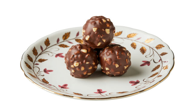 Three delicious chocolate easter eggs with crunchy nut pieces stacked on a decorative ceramic plate isolated on transparent background