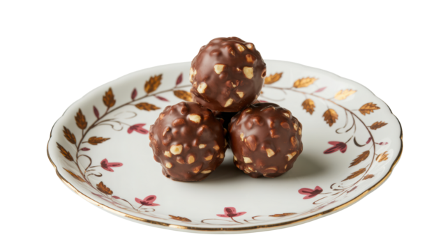 Three delicious chocolate easter eggs with crunchy nut pieces stacked on a decorative ceramic plate isolated on transparent background