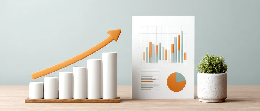 A modern workspace featuring a growth chart, bar graphs, and a decorative plant, symbolizing business progress and analytics.