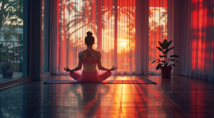 Back view of a woman in a lotus pose meditating on a yoga mat. Person practicing mindfulness at home during a vibrant tropical sunset