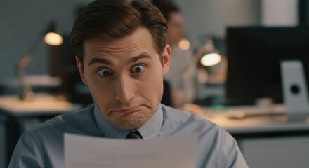 Man looking at a document with surprised or confused expression in an office setting