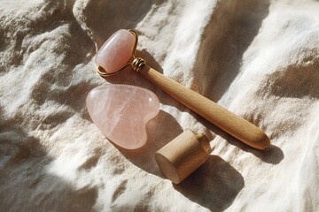 Rose quartz face roller and gua sha tool for skincare ritual, promoting self-care, natural beauty, and holistic wellness on a textured linen background