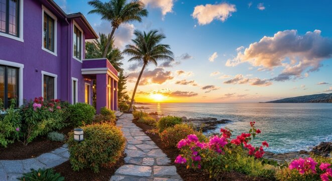 Colorful seaside house with lush garden and sunset view over the ocean