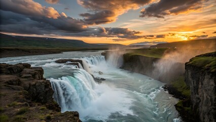 Dramatic sunset over large waterfall with glowing clouds and mist. Majestic landscape capturing power and serenity of nature’s beauty.