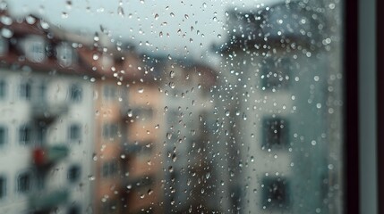 Raindrops falling on a window glass, looking out over blurred city buildings and urban structures, creating a moody and contemplative atmosphere during a wet day