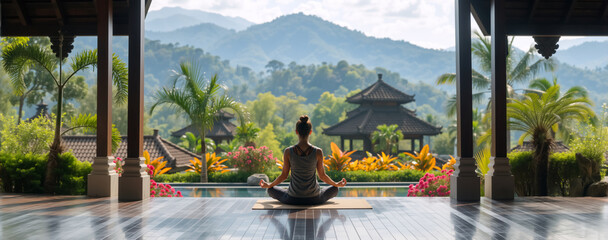 Woman meditating in a yoga pose at a luxury wellness retreat. Back view of a person relaxing by a pool with a tropical mountain view in Bali