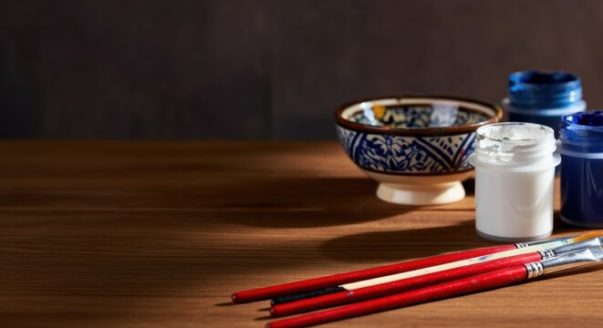 A close-up of traditional Asian ceramic bowls and paint jars with brushes on a wooden surface