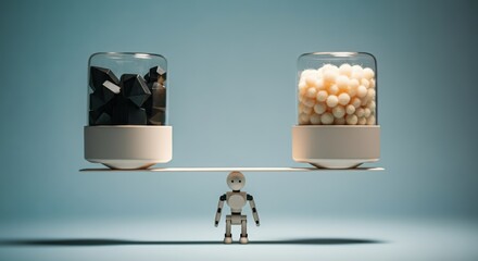 A robot stands between two glass containers filled with black and white spherical objects