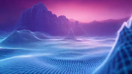 Digital wireframe landscape with abstract mountains and data streams - Powered by Adobe
