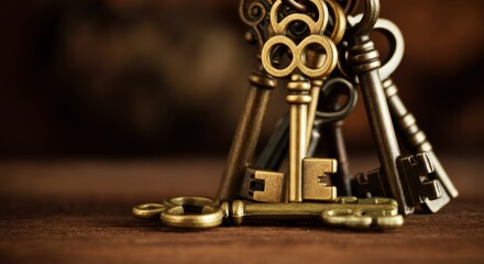 A collection of vintage brass keys and coins arranged on a wooden surface with a blurred dark background