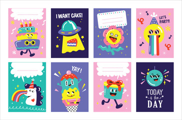 Set of birthday greeting card, gift tag with party funny and cute characters design.

