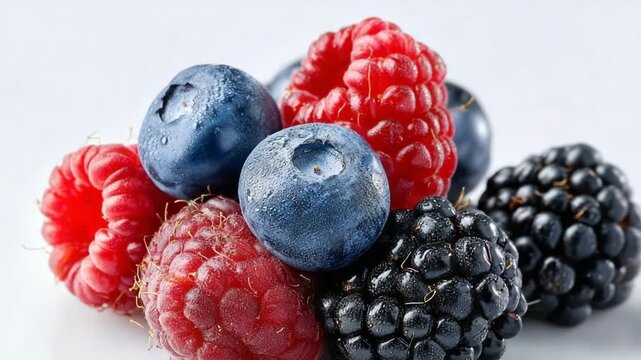 Fresh berries: blueberries, raspberries, and blackberries on a white background