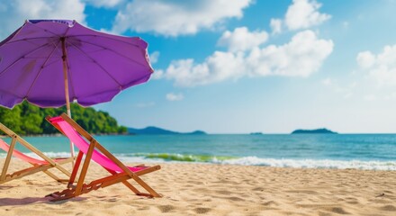 A woman relaxes on a sandy beach under a purple umbrella with a view of the ocean and blue sky