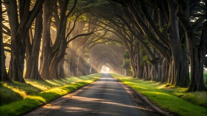 Fototapeta premium Sunlit road passing through an arched forest tunnel. Peaceful nature landscape symbolizing journey, mindfulness, and the path to discovery.