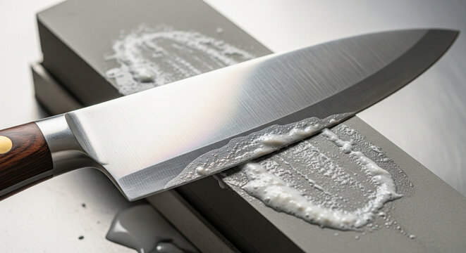 Professional Chef's Knife Sharpening Process on a Whetstone with Water
A close-up, dynamic shot showing a sharp, high-quality chef's knife being meticulously sharpened on a wet