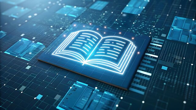 Futuristic glowing digital open book on data grid background. Modern e-learning, technology, and online education concept visualization. - Powered by Adobe