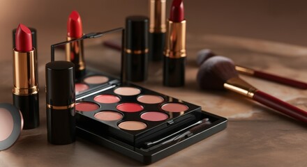 Lipsticks and makeup palette arranged on a wooden surface with brushes in the background