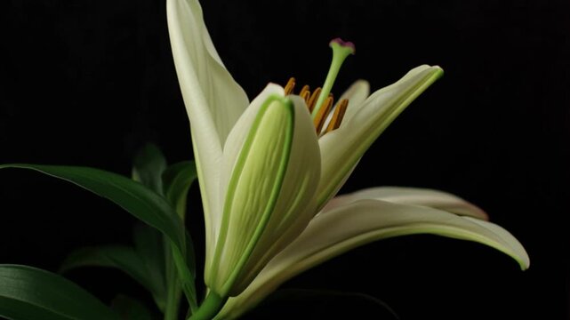 White lily flower blooming timelapse on black background, elegant botanical macro petals opening in dramatic studio lighting, natural growth cycle floral beauty close up for nature footage, garden pl
