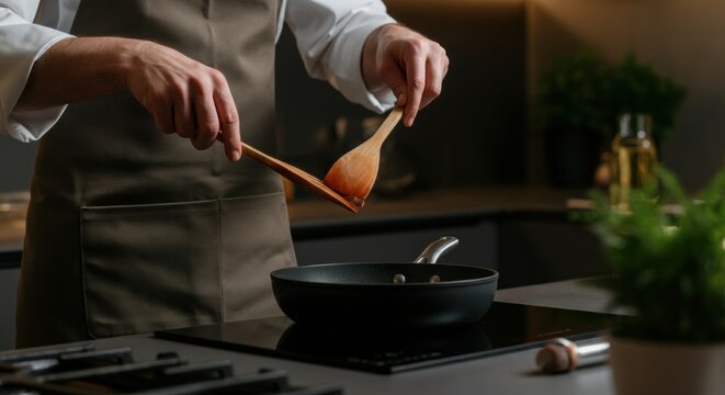 A person cooking in a modern kitchen using a frying pan on an induction stove