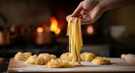 Fresh pasta being lifted with a hand in a warm kitchen setting