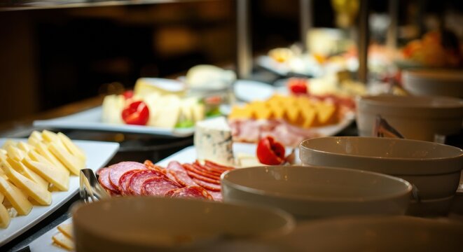 Assorted cheeses and cured meats arranged on a buffet table for breakfast or brunch - Powered by Adobe