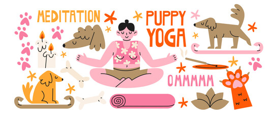 Puppy yoga and meditation stickers in retro cartoon style.Collection with meditating woman, dogs on yoga mats, rolled mat, paw print.Trendy illustration about stretching, yoga and activities with pets © Limpreom