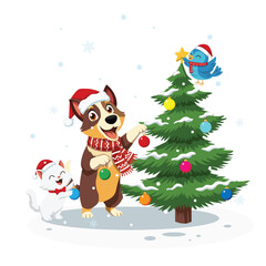 Cute Dog with Cat and Bird Decorating Christmas Tree Outdoors with Falling Snowflakes