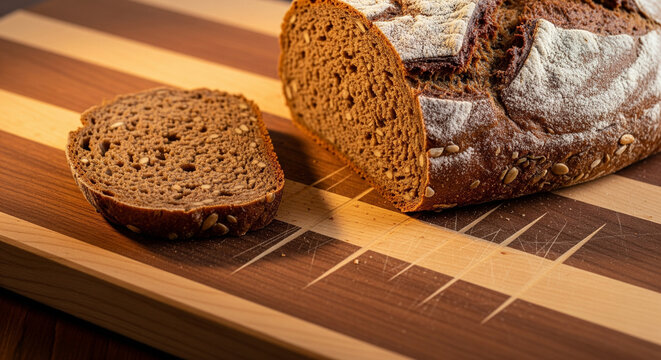 Dark Multigrain Bread Slices on a Striped Wooden Cutting Board
Close-up shot of a whole dark, rustic multigrain bread loaf partially sliced on a wooden cutting board with alternating light and dark st