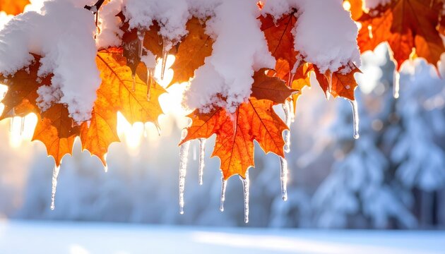 Autumn maple leaves covered in snow and icicles in the sunlight
