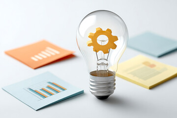 A light bulb with a gear inside, surrounded by colorful sticky notes featuring graphs and charts, symbolizes innovation and creativity in business.