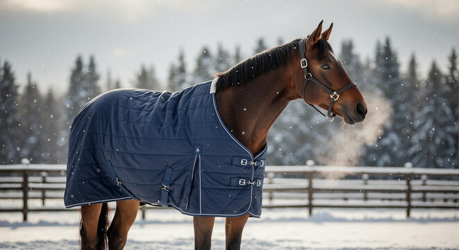 Horse with winter blanket in snowy field, animal stands peacefully in cold winter weather with protective blue horse blanket. Horse in snow and winter blanket keeps warm during outdoor activity.