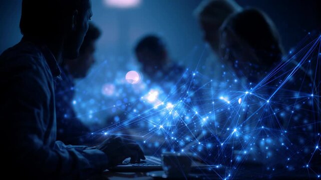 Modern digital workspace with luminous symbols and focused developers, Cuttingedge electronic displays showcase coding activities by concentrated